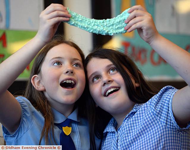 HAVING a slime time . . . Jasmin Goodall (left) and Anya Fotheringham