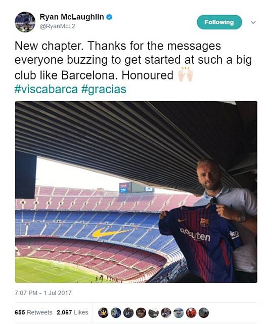 RYAN McLaughlin's twitter message at the Nou Camp