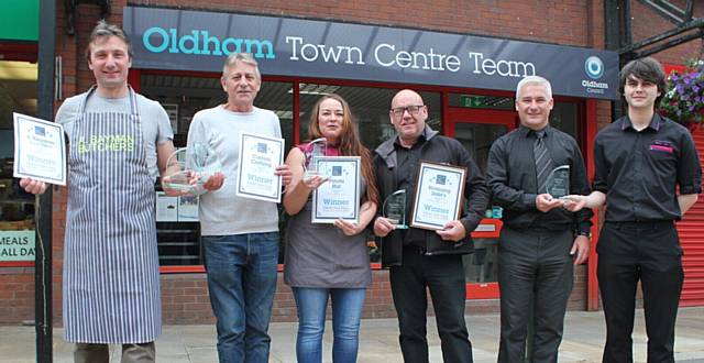 LEFT to right: Anthony Bayman (Bayman Butchers), Howard Maloney (Custom Clothing), Nicola Harkins (Potato Hut), Dale Robinson (Blooming Dale's), Bernie Dullaghan and Mike Kelly (Mecca Bingo)
