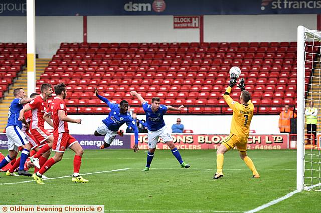 GREAT CHANCE . . . Tope Obadeyi's header is saved in injury time