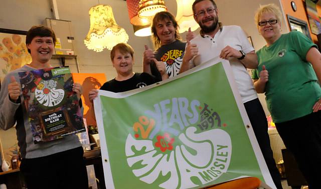 BIRTHDAY. . . Emmaus Mossley community members are gearing up for their 20th Birthday Bash in September, with from left, Adrian France, Brenda New, David Garside, Darren Bateman and Susan Dixon
