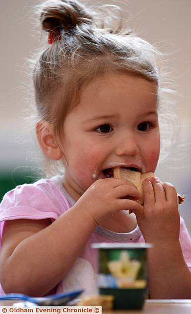 BITE-SIZE . . . Layla Russell enjoying her breakfast