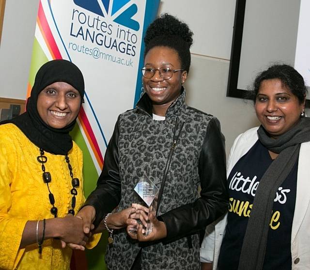 CONGRATULATIONS . . . football coach and guest speaker Annie Zaidi, winning student Aisha, and Manchester Metropolitan University's Yasmin Hussain