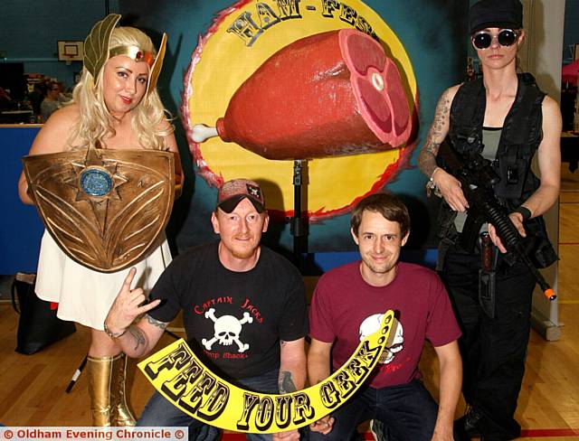 ABOVE: At the Ham-Fest Oldham Comic Con are (from left) Helen Copping as super hero Shera, organisers Loz Copping and Chris Lack, and Emma Calverley as Sara Connors