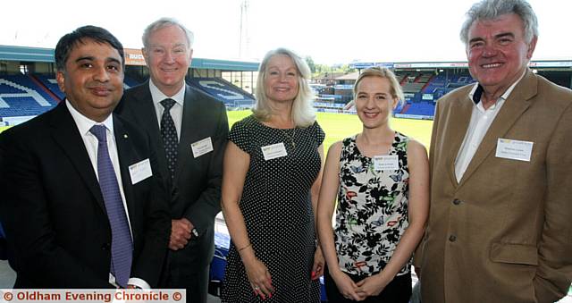 THE Business Growth Hub lunch at Latics, from left, Kashif Ashraf, Oldham enterprise trust, Terry Scuoler, CEO, EEF, Hilary Centeleghe, senior growth manager, Rebecca Chedd, environmental business adviser, and Stephen Lowe, Stoller charitable trust