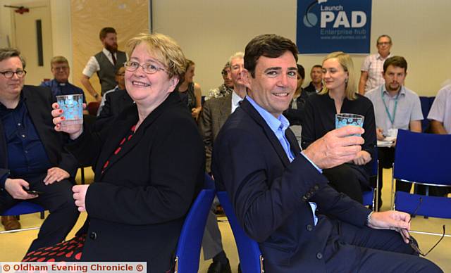 SEATED . . . The Mayor of Greater Manchester Andy Burnham and Oldham Council leader Councillor Jean Stretton at Launchpad in Glodwick