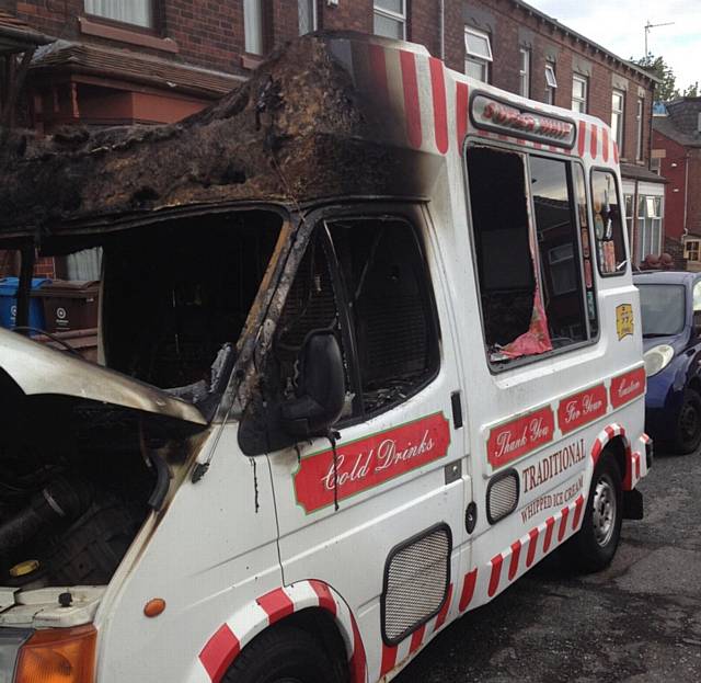 BURNED out . . . Iftikhar Ahmed's ice-cream van