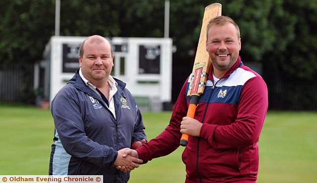 FRIENDLY FOE . . . Wood Cup final captains Rochdale's Dale Highton (left) and Crompton's Simon Wright