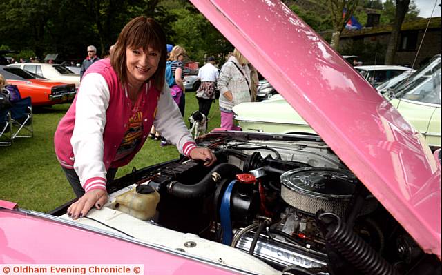 SARAH Blackburn (left) with her pink Cadillac