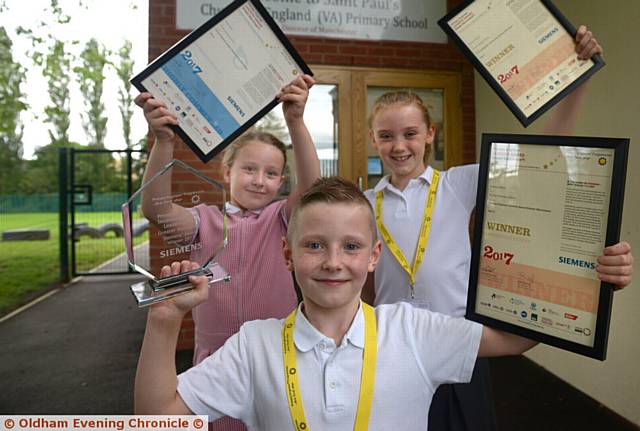 ST PAUL'S CE school,Royton, pupils who took part in The Greater Manchester Primary Engineer Leaders Awards. From left, Millie Jones (8) who was highly commended, overall winner Joshua Wilson (8) and year group winner Madison Wilcock (9).