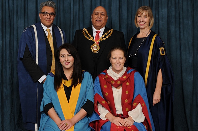 Pictured are (back row): Mr Billy Khokhar (Graduate Presenter), Cllr Javid Iqbal (Mayor of Oldham) and Professor Hazel Rymer (Presiding Officer). Front row: Najma Khalid and Dr Liz Marr