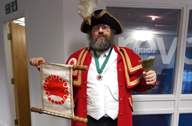 Shaw and Crompton Town Cryer Marcus Emms at the Chronicle offices earlier