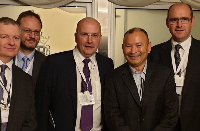 The Omnibus team is pictured at the Houses of Parliament with England Rugby Union coach Eddie Jones. Left to right: Simon Hartley, Paul Smith, Peter Crichton, Eddie Jones and Marc Knott
