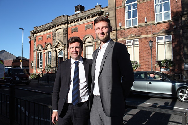 Pictured are Oldham Council Leader Sean Fielding (right) and Mayor of Greater Manchester Andy Burnham in Royton town centre