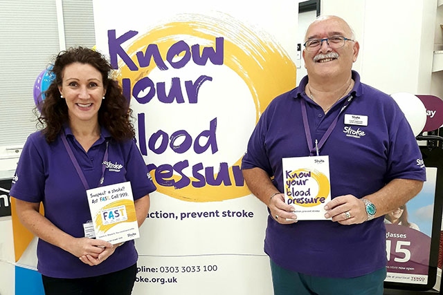 Stroke Association ambassadors Rebecca Murray and Geoffrey Heathcote at Vision Express Failsworth Stroke Association ambassadors Rebecca Murray and Geoffrey Heathcote at Vision Express Failsworth