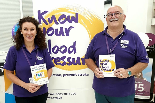 Stroke Association ambassadors Rebecca Murray and Geoffrey Heathcote at Vision Express Failsworth