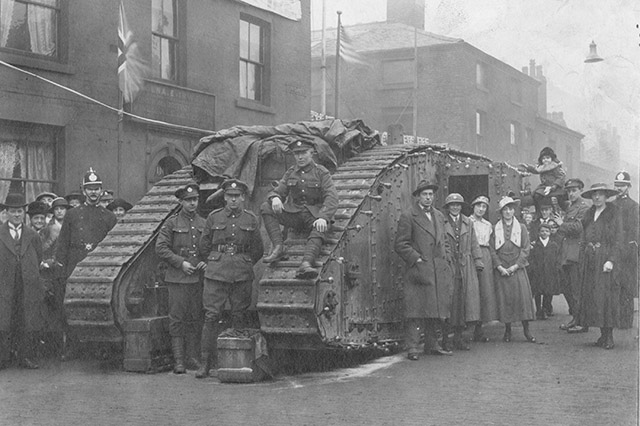 A fundraising tank pictured outside the Kings Arms on Yorkshire Street in 1918