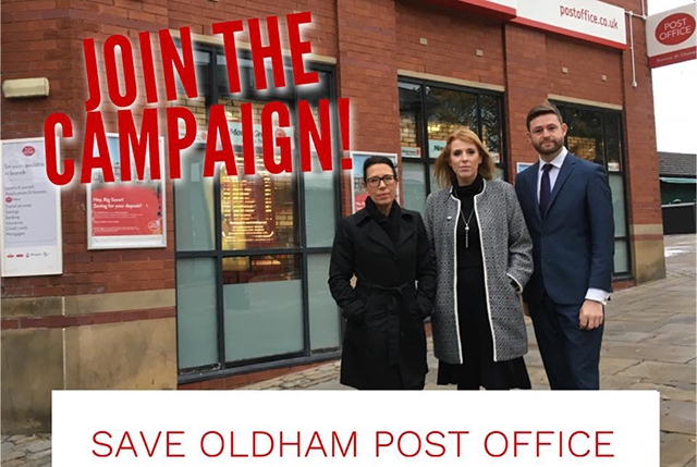 Pictured with fellow MPs Debbie Abrahams and Angela Rayner outside Oldham Post Office