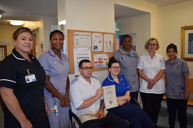 Pictured are ((left to right): Linda Adams, Lead nurse diabetes, Judith Muir, Diabetes specialist nurse, Mike Markham, Diabetes Link Nurse Ward F7, Chelsea Tindall, link nurse ward F10, Margaret Idaewor,  Diabetes Specialist Nurse, Paula Yates, Clinical Lead – Podiatry and Ascia Bibi, Diabetes Specialist Nurse