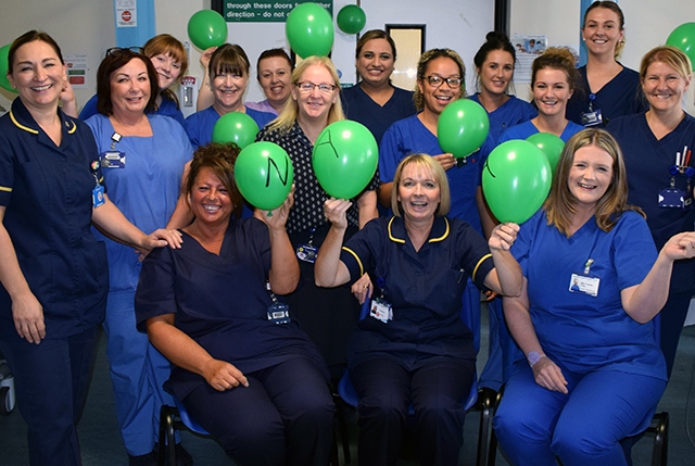 Pictured (left to right) are the Critical Care Team at The Royal Oldham Hospital celebrating their new Green NAAS accreditation. Front row – Maria Daynes, Helen Barrow, Yvonne Cole; Middle row – Wendy Clapham, Gill Armstrong, Alyson Hopkinson, Rachelle Olawle-Karim, Rachel Lawton, Lynne Blackshaw; Back row – Rachel Diskin, Bernie Hunt, Gill Fairhurst, Sam Akram, Danielle Pickersgill
