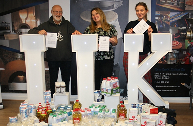 Pictured are (left to right): Steve Roman from Oldham Unity, Clare Taylor from the Action Oldham Fund development compant, Action Together, and LLK marketing executive Grace Carr