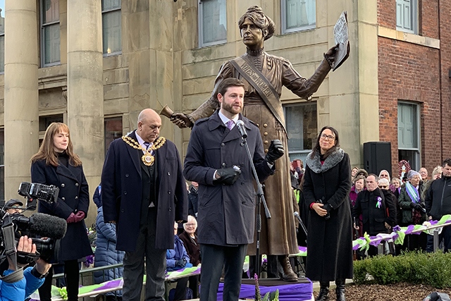 Sculptor Denise Dutton, MPs Jim McMahon and Debbie Abrahams, and Mayor of Oldham, Councillor Javid Iqbal, were among the dignitaries at today's statue unveiling
