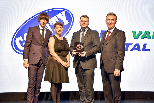 Pictured are Robert Hardman and Sara Orritt from County accepting the award from Tom Ward, presenter and comedian (far left) and Chris Milton, WhatVan event director (far right) Pictured are Robert Hardman and Sara Orritt from County accepting the award from Tom Ward, presenter and comedian (far left) and Chris Milton, WhatVan event director (far right)