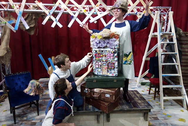 Hansel and Gretel (Sam Winterbottom and Natasha Davidson) are pictured on set (left) with Sophie Ellicott (who plays the Stepmother and the Witch)