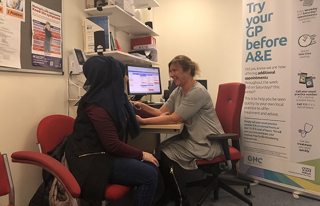 Clinical Practitioner Jackie Casey, from the Alexandra Group Medical Practice, taking a patient’s blood pressure 