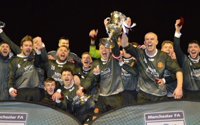 Avro celebrate their Manchester FA Saturday Challenge Trophy success.
Picture courtesy of the Manchester County FA