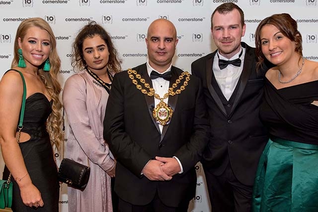 Cornerstone Design and Marketing 10th anniversary celebrations at The White Hart, Lydgate. 
Left to right are: Nicola Adamson (Cornerstone), Fiza Shadab, Cllr Shadab Qumer (Mayor of Oldham), David Wadsworth (Cornerstone) and Sarah Smethurst (Cornerstone).