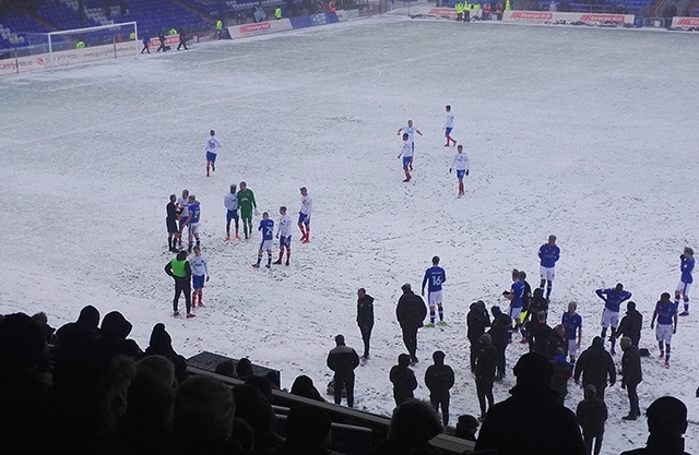 Chaos reigned briefly in the second half when referee Seb Stockbridge (furthest left) halted the match for what turned out to be eight minutes