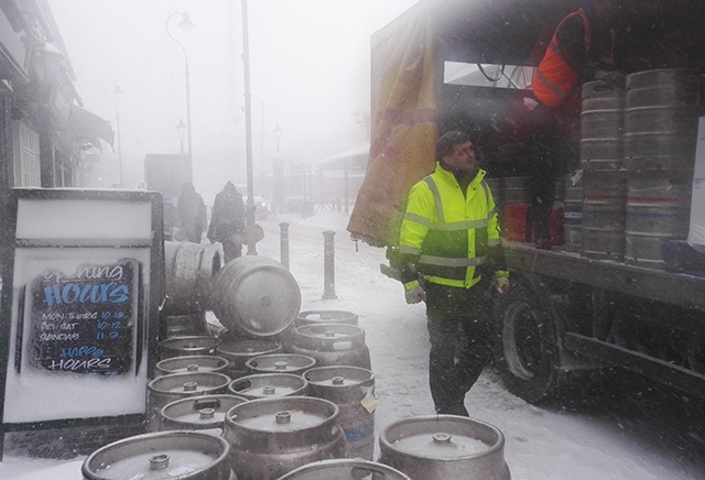 Never mind the snow, the beer was still being delivered to the Snipe Inn on time this morning