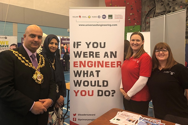 The Mayor Of Oldham, Cllr Shadab Qumer (left), at the Primary Engineer stall
