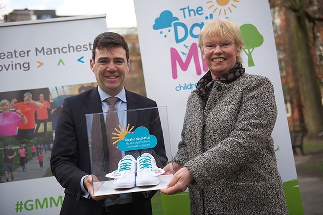 Mayor of Greater Manchester Andy Burnham with Elaine Wyllie, founder of the Daily Mile Mayor of Greater Manchester Andy Burnham with Elaine Wyllie, founder of the Daily Mile