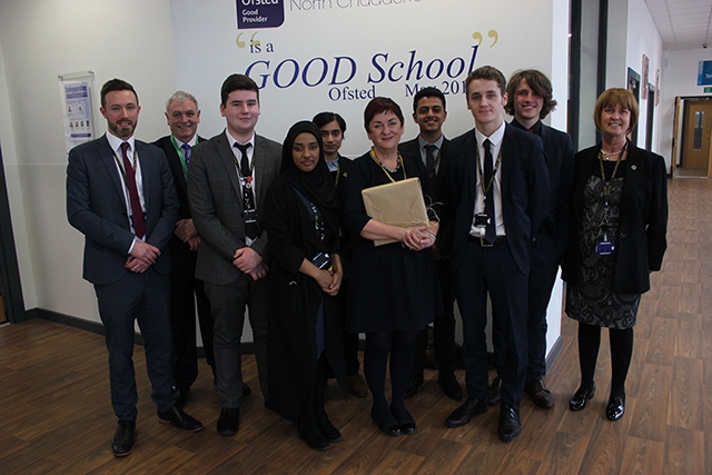 Dr Mary Bousted with a group of North Chadderton school students