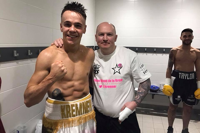 Andy Kremner - pictured (left) with trainer Matthew Hatton - secured a stoppage victory at his home-town show