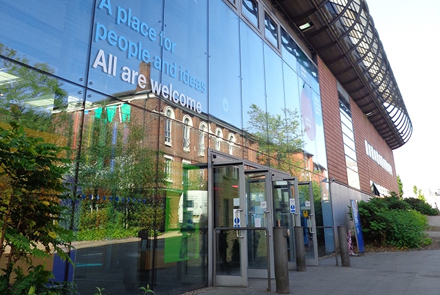 The entrance to Oldham Library and Lifelong Learning Centre, on Greaves Street