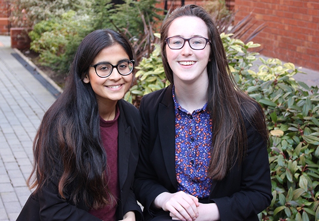 From left, Manchester High School for Girls students Shazia Absar and Eleanor Fidler