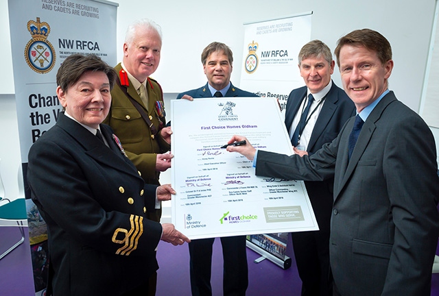 Sign here (left to right): Commander J Evans RN MBE DL, Colonel Dr PA Irvine PHD, Wing Cmdr D Archibald RAFAC, First Choice Homes Board Chair Ged Lucas and Chief Executive Vinny Roche