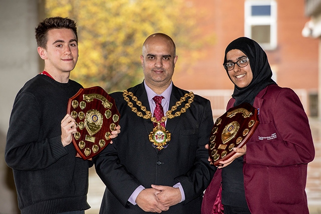 Students of the Year Thomas Tupman and Mubashirah Hanif with the Mayor of Oldham, Cllr Shadab Qumer.

Picture by Darren Robinson