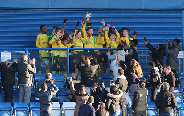 Chadderton Park under-14s Lions celebrate with the East Manchester League Cup