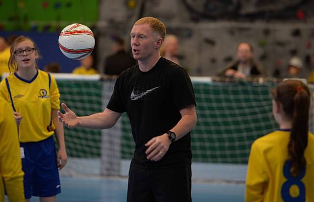 Former Manchester United and England star Paul Scholes on a visit to Boundary Park