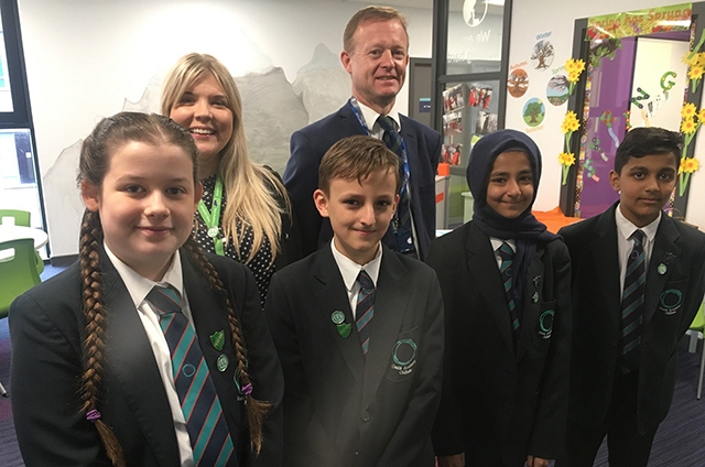 So proud (left to right): Oasis Academy Leesbrook Pricipal Sarah Livesey and Peter Roberts (Chair) with the Head Girl, Katie May (left), Head Boy Szymon Barszcz,  (second from left) and the Deputy Head Girl and Boy.