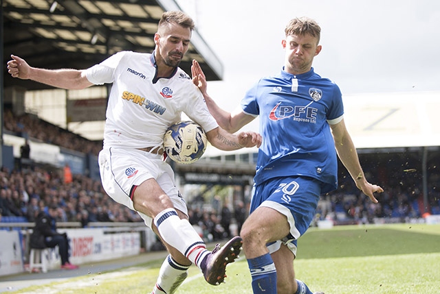 Jamie Stott (right) in action for Athletic during last season's victory against Bolton at Boundary Park