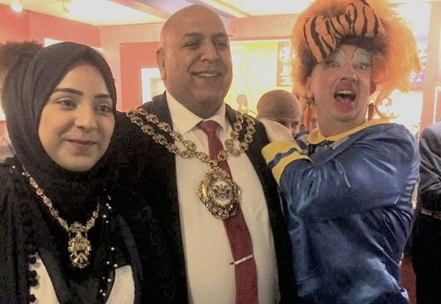 Dame Trot surprises the Mayor of Oldham, Councillor Javid Iqbal