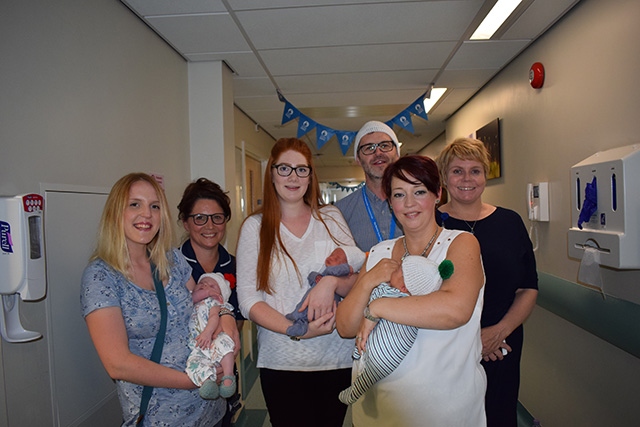 SMILERS: Pictured (left-right): Amy Carlon with baby Freya, Mel Wildman Ward Manager, Jennie Andrews with baby Teddie, Simon Mehigan, Head of Midwifery, Nicola Firth, Director of Nursing/Chief Officer, Fay Read with baby Theo