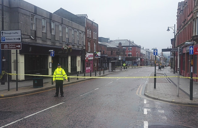 The cordoned-off scene on Yorkshire Street this morning