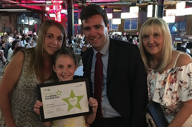 Mum Stacey Arnold, Keira Arnold, Mayor Andy Burnham and grandmother Julie Smith at MoSI