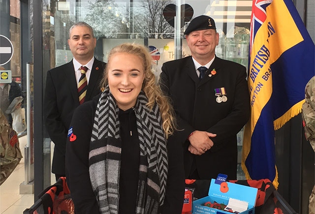 Alicia Beaty with Poppy Appeal volunteers Mark Kelly and Roy Ward